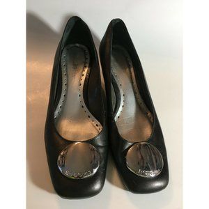 Women's BCBGirls Small Wedge Shoe w/Silver Medallion Size 7.5B Black Leather